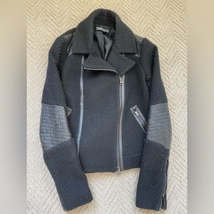 Vince Wool Blend Leather Mixed Media Elbow Patch Moto Jacket in Black